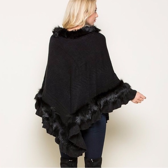 Faux Fur Trimmed Sweater Knit Poncho - Picture 8 of 8